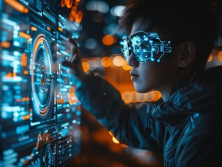 Naklejka premium A young man wearing augmented reality glasses works on a futuristic interface.