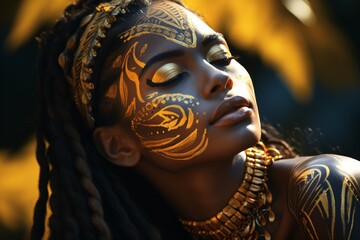 Obraz premium a black woman with golden tribal face paint