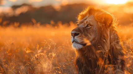 A wide lion combined with a savannah sunset. Emphasize power and beauty