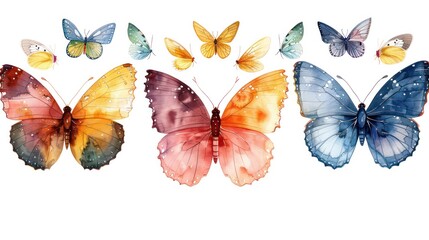 Collection of bright, colorful watercolor butterflies. displayed on a white background
