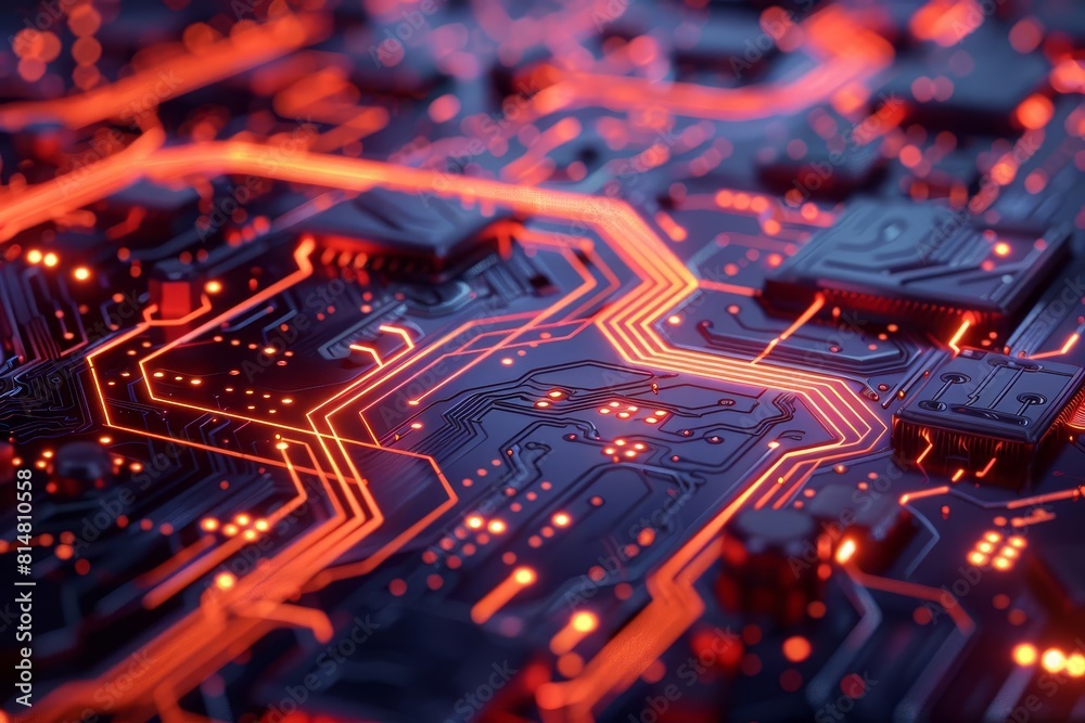 Poster an illustration of a computer chip with orange glowing lines and black background.