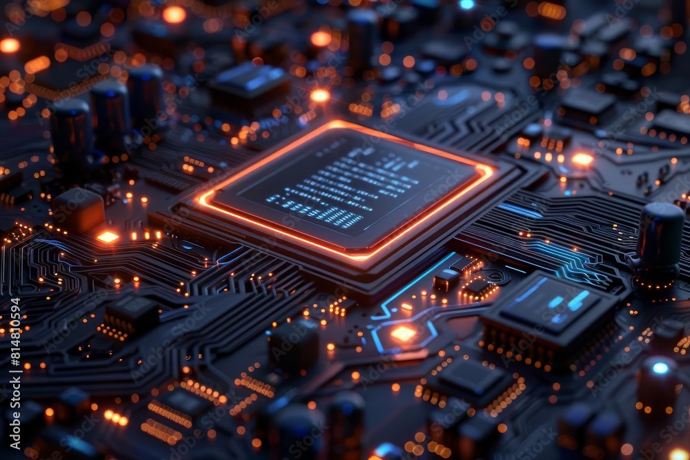 Poster An illustration of a computer chip with glowing orange and blue lights. The chip is the central processing unit (CPU) of a computer.