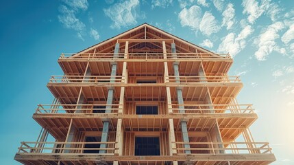 Obraz premium Partially built house with visible timber frame and scaffolding. Focus on progress.