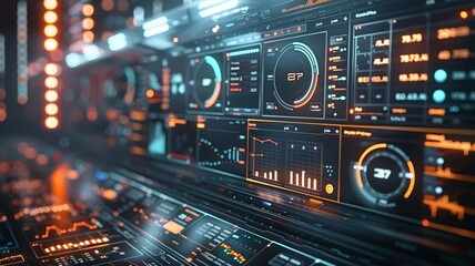 Fototapeta premium Futuristic spaceship cockpit with orange and blue lights.