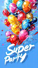 Bright card, invitation to a super party. Colorful balloons and confetti are scattered across the blue poster, creating a festive atmosphere.