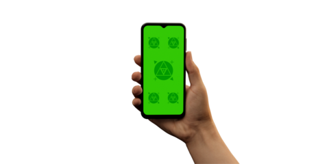 Hand holding a phone with a green screen and transparent background, ideal for versatile design mockups