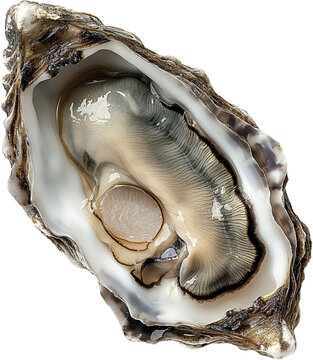 A close-up of a single open oyster with its inner shell and flesh visible.
