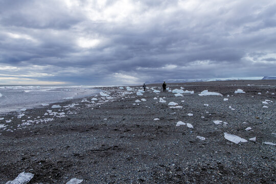 people walking among small icebergs scattered along a shoreline