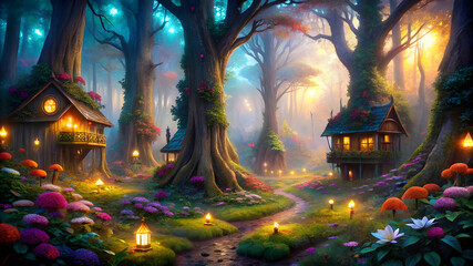 Fantasy House Night Glowing Lights View, Dense Forest, Flower and trees Mobile and Desktop Wallpaper