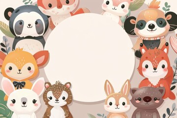 Obraz premium A white circle in the center of an illustration surrounded by cartoon animals wearing business attire.