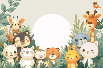 Obraz premium A white circle in the center of an illustration surrounded by cartoon animals wearing business attire.
