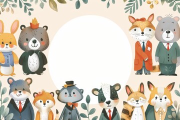 Obraz premium A white circle in the center of an illustration surrounded by cartoon animals wearing business attire.