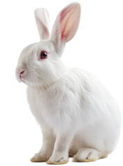 A white rabbit with pink ears and eyes sitting attentively.
