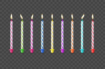 Birthday cake candles with burning flames isolated on transparent background. Vector