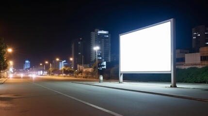Blank white billboard on a night city view backgroung.