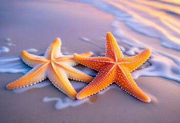 Fototapeta na wymiar Starfish on a sandy beach with the ocean in the background and a soft sunrise lighting the scene.