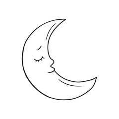 Cute moon smiling with closed eyes as a symbol of day dream slumber sleep. Hand drawn vector sketch illustration in doodle engraved line art vintage style. Child sleep catcher