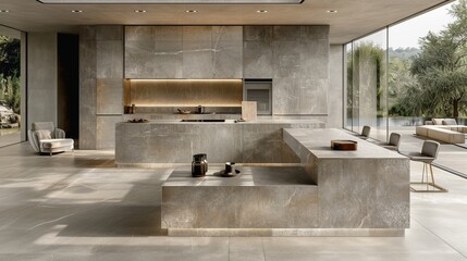 Modern kitchen interior design with minimalist style featuring island, dining table, and chairs