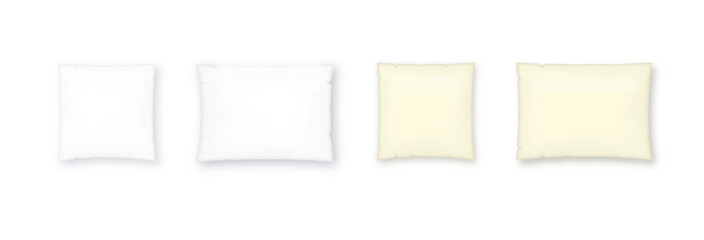 White pillow square shape top, side and front view. Realistic cushion for sleep mockups set pillow isolated on white. Vector