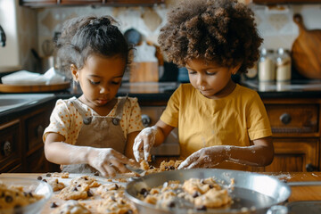 Two diverse children making chocolate chip cookies in the kitchen as an after school dessert, Children baking concept, Generative AI