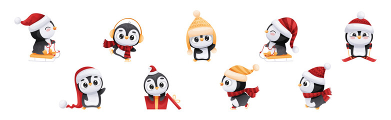 Cute Penguin Character Engaged in Different Activity Vector Set