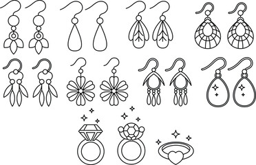 Set of fashion accessories earrings, ring doodle coloring page isolated on white background