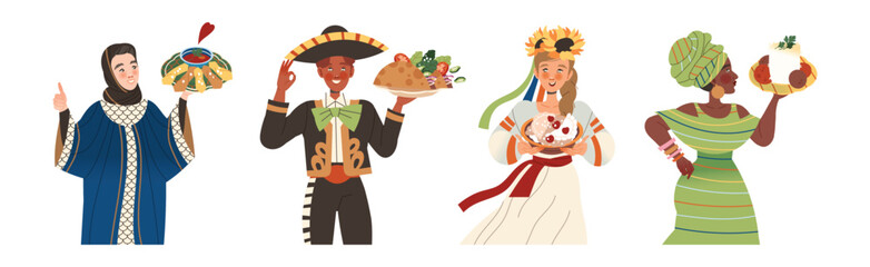 Gastronomic Tourism with People Character Holding Authentic Dish of Native Cuisine Vector Illustration Set