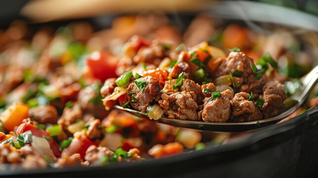 Homemade organic pet food on a spoon, closeup, healthfocused