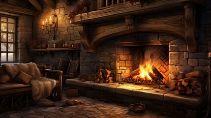 Cozy fireplace with crackling flames