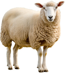 A standing sheep with thick, woolly fleece and a calm expression.
