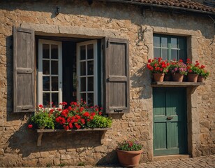 Fototapeta na wymiar Discover the charm of a countryside village with a cozy inn and flower-filled window boxes.