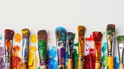 Row Of Messy Colorful Paint Brushes And Containers concept Background