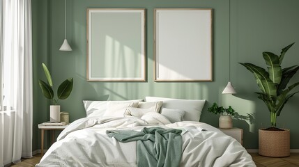 Sage Green bedroom wall art mock up. Set of two frames above bed wall art in bed room interior