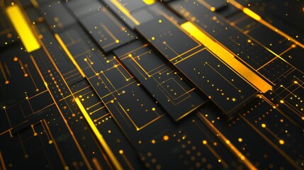 This is an abstract image with a dark background and many small, bright yellow dots. The dots are connected by thin yellow lines.
