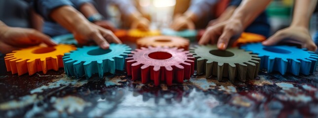 Diverse team collaboratively working with colorful gears on a wooden table, symbolizing teamwork and innovation