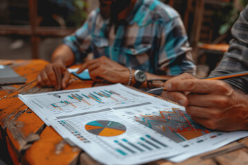 Fototapeta premium Hands business team having a meeting to analyze data graph charts for a marketing plan.