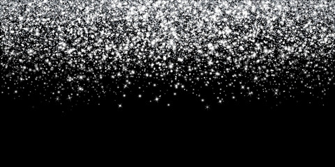 Silver glitter lights on black background. Sparkling glittering rain effect. Celebration backdrop for Christmas, wedding, birthday party. Luxury metallic frame, border. Vector.