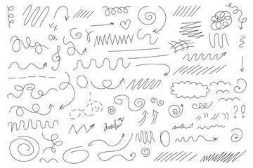 Do-it-yourself strokes with marker and pencil. Marker lines, pencil stripes, highlighting elements, illustrations of permanent markers in the form of checkmarks, hearts, arrows in different directions