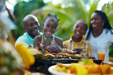 A joyful Jamaican family gathering for a backyard barbecue, grooving to reggae music and feasting...