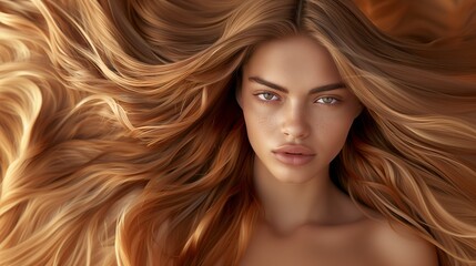 Fototapeta premium A beautiful caucasian woman showcasing long, smooth, and shiny caramel hair, advertising for hair dye products, hair care, white solid color background, copy space.