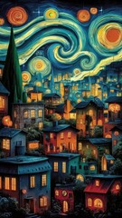 Fototapeta premium a painting of a city at night with a moon and stars.