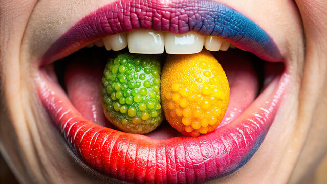 Colorful close-up of a tongue with various taste receptors