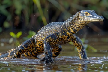 Nile Monitor: Hunting along riverbank with long tail and sharp claws, depicting behavior.