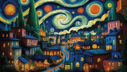 a painting of a city with a colorful sky and a city.