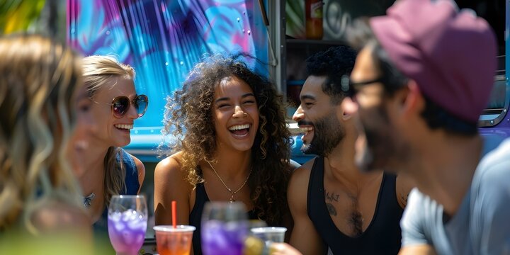 Summer camaraderie: Friends laughing and socializing outside a food truck. Concept Friendship, Laughter, Food Truck, Summer Vibes, Socializing