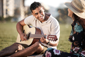 Date, picnic and man with guitar for romance, love and anniversary in Puerto Rico. Couple, happy...