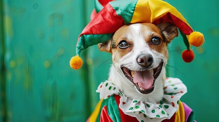 Jack russell terrier in a clown costume on a green background