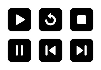 Play, replay, stop, pause, previous, and next track icon on black square