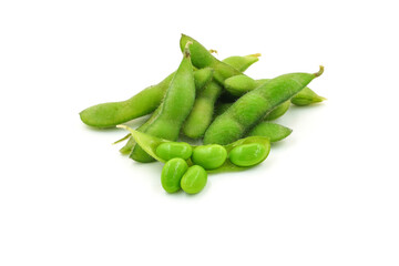 Fresh edamame soybeans and pods isolated on white background.