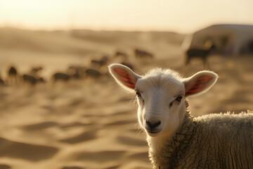 Fototapeta premium Close-Up of Serene White Sheep in Golden Desert Environment